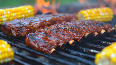 Juicy ribs coated in barbecue sauce grill alongside sweet corn, creating a perfect summer meal. Ideal for outdoor gatherings and food enthusiasts.の素材