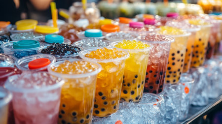 A vibrant display of colorful beverages in clear cups, filled with ice and various toppings, perfect for a refreshing treat on a warm day.の素材