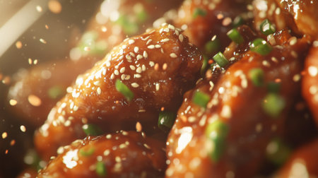 A mouthwatering close-up of glazed chicken wings topped with sesame seeds and fresh herbs, perfect for appetizers or meal enjoyment. Ideal for food photography.の素材
