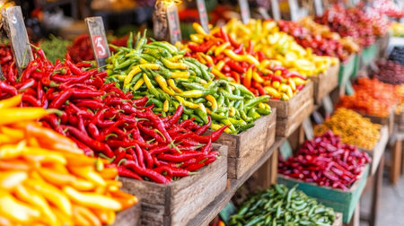 Colorful assortment of fresh chili peppers arranged in market stalls, showcasing vibrant colors and textures, perfect for culinary use and healthy eating.の素材