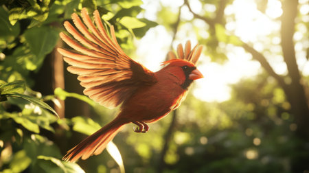 A stunning cardinal bird in vibrant red takes flight through lush green foliage, capturing the essence of nature and the beauty of wildlife in motion.の素材