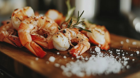 Savory grilled shrimp paired with fresh herbs and sea salt on a wooden board. A perfect addition to any meal or event, showcasing culinary artistry.の素材