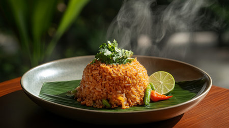 A steaming plate of fried rice garnished with fresh herbs and lime, showcasing vibrant colors and an inviting presentation ideal for culinary delights.の素材
