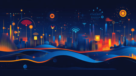 A vibrant urban skyline illustration featuring abstract digital elements, signaling connectivity and modern technology in a colorful night setting.の素材