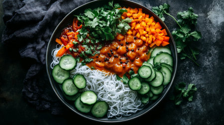 A vibrant bowl of noodles topped with fresh carrots, cucumbers, and herbs. Perfect for showcasing meal prep ideas, healthy eating, and vibrant ingredients.の素材