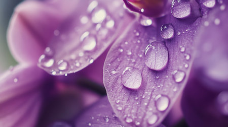A stunning close-up of purple flower petals adorned with water droplets, showcasing the beauty and freshness of nature in a serene setting.の素材