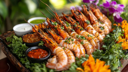 A vibrant grilled shrimp platter beautifully arranged with fresh herbs and colorful garnishes, complemented by a variety of dipping sauces, ideal for gatherings.の素材