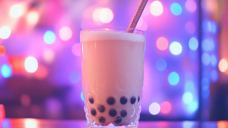A delightful bubble tea served in a glass, featuring tapioca pearls and a glittery straw. The colorful lights in the background create a vibrant atmosphere.の素材