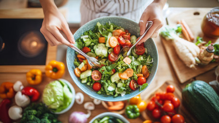 A person prepares a fresh vegetable salad in a beautifully organized kitchen, showcasing colorful ingredients and healthy eating practices.の素材