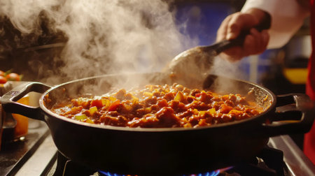 A chef's hand stirs a delicious stew in a pan, creating a flavorful dish filled with vibrant ingredients. Steam rises from the pot, providing a warm, inviting atmosphere.の素材