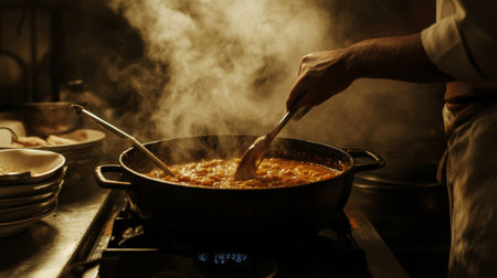 A chef stirs a flavorful dish in a pot, surrounded by steam in a busy kitchen. The warm ambiance and cooking activity highlight culinary creativity and passion.の素材