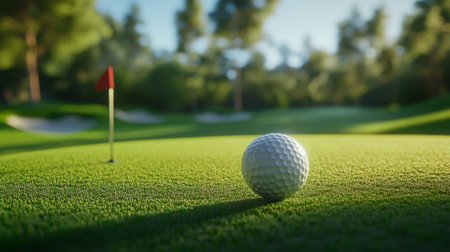 A close-up view of a golf ball positioned on the putting green, with a red flag in the background, ideal for showcasing sportsmanship and outdoor leisure activities.の素材