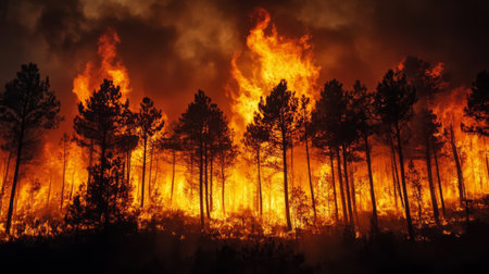 A dramatic scene of a forest engulfed in flames, showcasing the intensity of a wildfire at dusk. The glowing fire juxtaposes dark trees against a smoky backdrop, emphasizing nature's power.の素材
