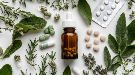 Discover a collection of herbal remedies and supplements arranged artistically, showcasing nature's power for health and wellness solutions.の素材