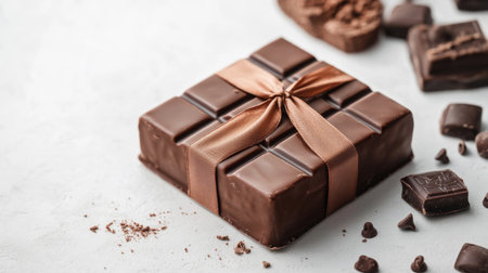 A beautifully wrapped chocolate gift box features decadent chocolates and a satin ribbon, perfect for celebrations, special occasions, or as a delightful treat.の素材