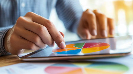 A close-up view of hands interacting with a tablet displaying colorful charts and graphs, showcasing data analysis and business strategy in a modern workspace.の素材