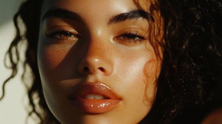 A captivating close-up portrait of a woman showcasing natural beauty with glossy skin, soft light, and curly hair. Perfect for beauty and lifestyle themes.の素材