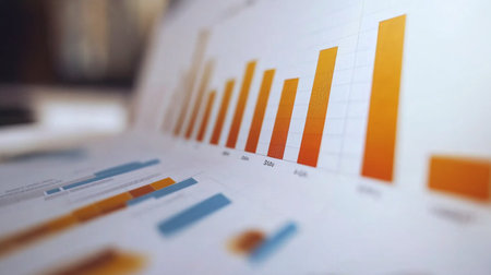 A close-up view of colorful charts and graphs representing business growth and analysis. Ideal for finance, marketing, and business presentations.の素材