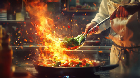 A dynamic scene showcasing a chef flambの素材