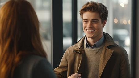 A smiling young man in a modern indoor setting engages with a person, showcasing warmth and positivity in a professional atmosphere. Ideal for lifestyle themes.の素材