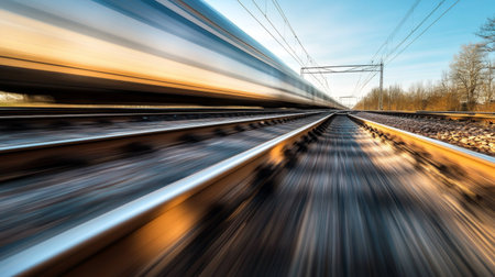 A high-speed train rushes along railway tracks, capturing the essence of motion and energy in travel. The dynamic perspective showcases modern transport technology.の素材