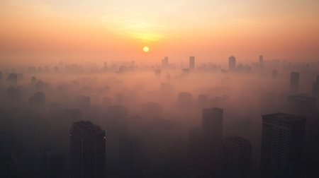 A mesmerizing sunrise unfolding over a foggy city skyline, showcasing towering buildings shrouded in mist. This atmospheric scene captures the tranquility of morning.の素材