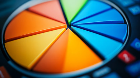 A vibrant pie chart displayed on a modern business presentation tool, showcasing colorful segments. Ideal for data analysis and marketing visuals.の素材