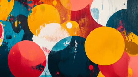 This vibrant abstract artwork features colorful circles in various sizes and hues, creating a dynamic and playful visual experience for modern decor.の素材
