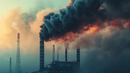 A dramatic view of a power plant emitting thick smoke against a colorful sunset. The image captures the contrast between industrialization and nature.の素材
