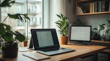 A serene home office featuring a laptop and monitor surrounded by lush indoor plants, showcasing a bright and cozy workspace perfect for productivity.の素材