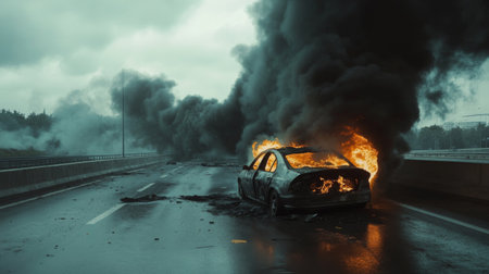 An intense scene of a burning car on an abandoned highway, surrounded by thick black smoke. The atmosphere is dark and foreboding, emphasizing the disaster.の素材