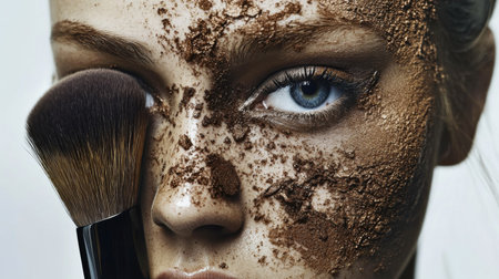 This striking close-up showcases a makeup application featuring cocoa powder. It highlights the beauty, artistry, and details of cosmetic techniques on a model's face.の素材