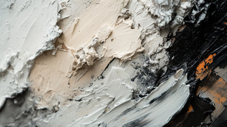 Close-up of textured abstract art featuring cream and black tones. This image highlights the intricate brushstrokes and layered paint, perfect for creative projects.の素材