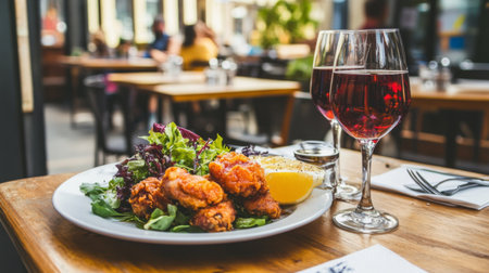 A mouthwatering plate of fried chicken served on a bed of fresh salad, accompanied by a glass of red wine in a cozy dining atmosphere. Perfect for casual dining!の素材