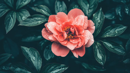 A stunning close-up of a pink flower adorned with dew drops, surrounded by lush green leaves. This image captures the beauty of nature and serenity.の素材