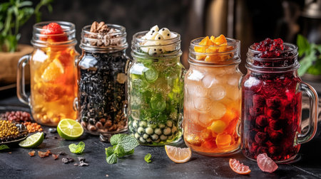 A vibrant display of colorful beverages in jars, showcasing refreshing fruit-infused drinks with ice and garnishes, perfect for summer gatherings and parties.の素材
