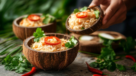 A vibrant rice dish served in coconut bowls, garnished with fresh herbs and chili slices, showcasing a colorful and appetizing presentation.の素材
