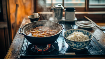 A colorful bowl of steaming rice sits beside a pot of savory stew on a wooden table. The cozy kitchen ambiance enhances the warmth of the meal.の素材