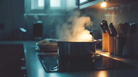 A serene kitchen scene featuring a steaming pot on the stovetop, complemented by soft lighting and homey utensils, perfect for culinary inspiration.の素材