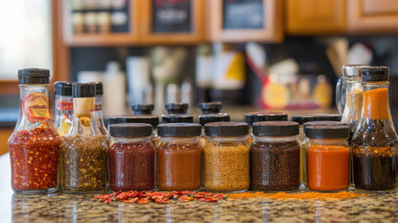 A visually appealing display of various spices and seasonings in clear jars, set on a kitchen countertop, showcasing culinary diversity and flavor options.の素材