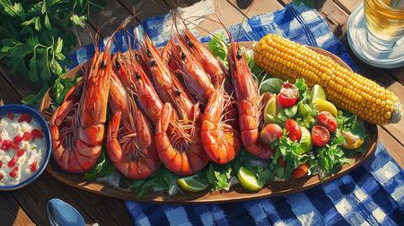 A colorful shrimp platter featuring fresh seafood, vibrant vegetables, and grilled corn, perfect for summer gatherings or outdoor dining events.の素材