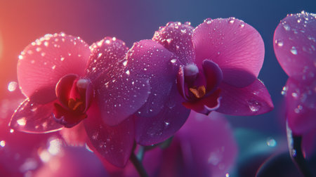 Beautiful close-up of pink orchid flowers glistening with dew drops in the soft morning light, showcasing nature's elegance and fresh beauty.の素材