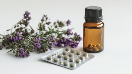 A serene arrangement featuring lavender flowers, a glass bottle, and an assortment of supplements, promoting natural wellness and relaxation.の素材