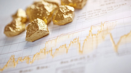 A collection of gleaming gold nuggets rests on a financial graph, symbolizing wealth and investment opportunities in the market. Ideal for finance-themed projects.の素材