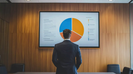 A businessman stands in a modern conference room, analyzing colorful data charts on a large screen, symbolizing analysis and strategic planning.の素材