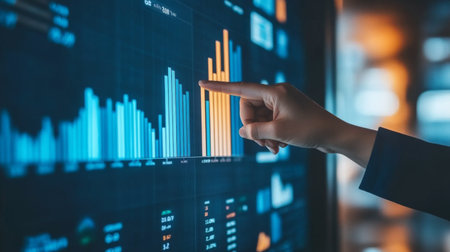 A close-up view of a hand pointing at a digital graph, showcasing data analysis and business growth metrics in a modern workspace environment.の素材