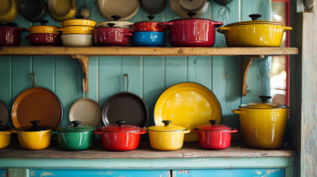 A charming collection of colorful pots displayed on a wooden shelf in a cozy kitchen, perfect for showcasing warmth and rustic home decor.の素材
