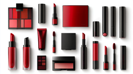 Vibrant assortment of red makeup products featuring lipsticks, eye shadows, and blushes. Perfect for makeup enthusiasts and beauty professionals.の素材