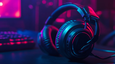Close-up of stylish headphones illuminated by vibrant blue and purple lighting. Perfect for audiophiles, gamers, and content creators seeking immersive sound experiences.の素材