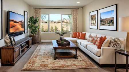 A bright and inviting living room featuring a stylish couch, decorative pillows, and elegant wall art. Perfect for home inspiration and cozy living.の素材